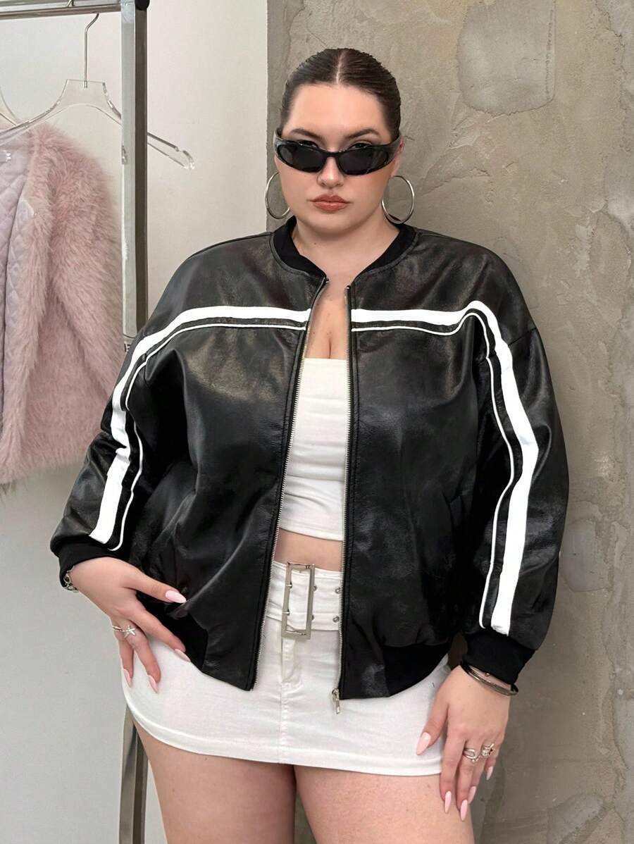 SHEIN EZwear 大码时尚百搭撞色条纹夹克女秋冬装 - 黑色 - 查看 1