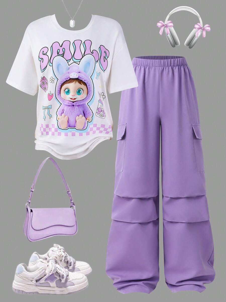 Sparklyn Bộ 2 món đồ họa hoạt hình anime cho bé gái tuổi teen, vải thoải mái, thể thao ngoài trời, đường phố, trang phục hàng ngày, trở lại trường, áo phông và quần ống rộng - Màu tím - Xem 1