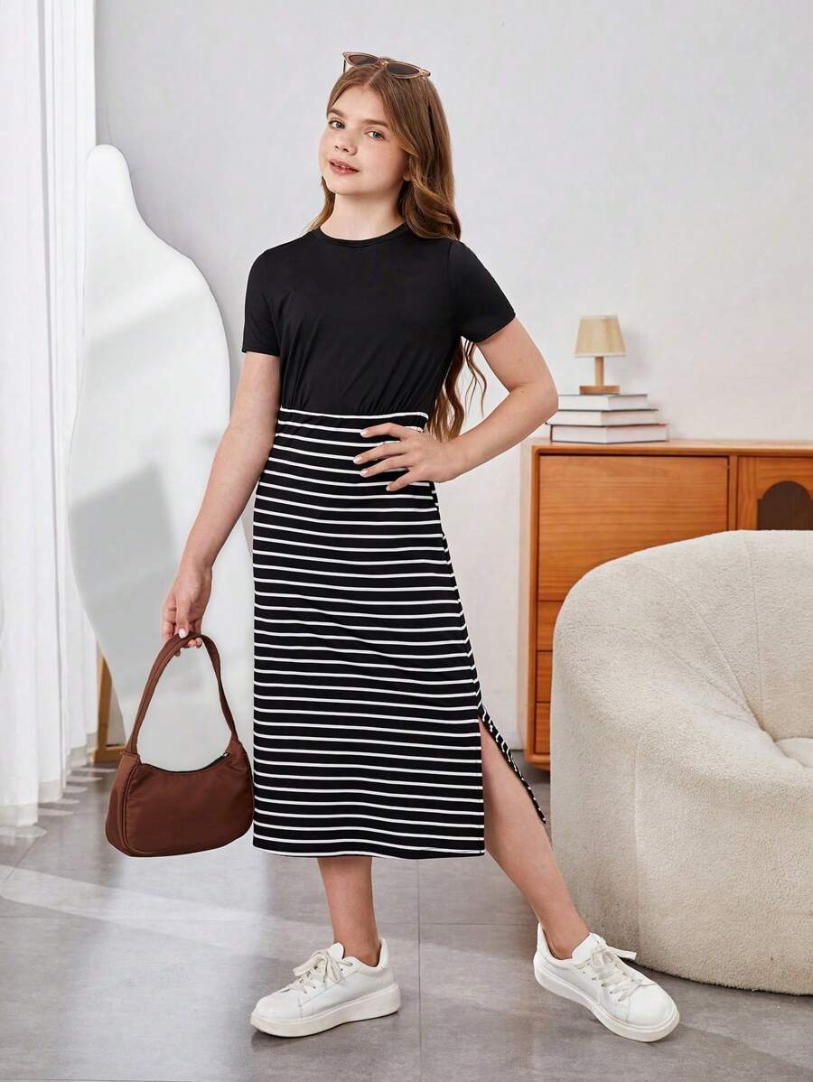 SHEIN Tween Girl Casual Black Knitted Striped Midi Dress With Slit, Simple T-Shirt Dress - Black - View 1