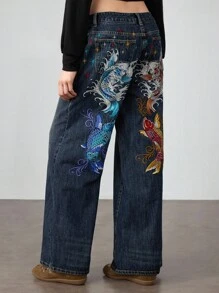 ROMWE J-Fashion 男女皆宜的复古嘻哈亚文化鲤鱼花卉刺绣宽松阔腿低腰牛仔裤
