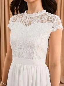 Váy phù dâu ren voan, váy dài ren tay ngắn thanh lịch, váy dạ hội ôm vừa vặn cho tiệc, tiệc tùng, dạ hội - trắng - Xem 7