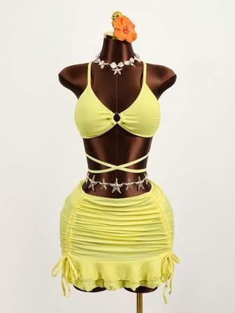 Conjunto de bikini de 3 piezas para verano y playa: bikini de color sólido con detalle de argolla, sujetador cruzado y falda de playa con cordón y fruncido