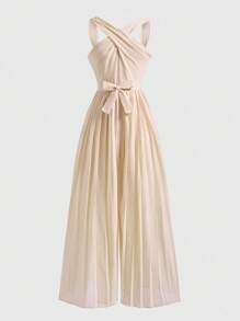 Mono elegante de fiesta con cuello redondo, sin mangas y plisado en la cintura para niñas preadolescentes - Albaricoque - Ver 5