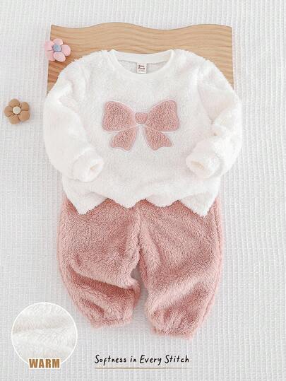 Cozy Pixies Conjunto de 2 piezas de top de manga larga con cuello redondo y pantalones de puño elástico con estampado de corazón en contraste de color para niña bebé