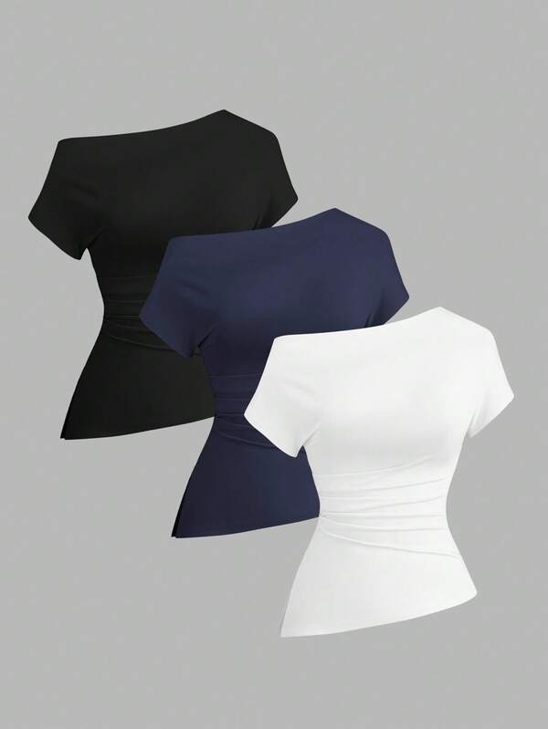 Sweetra Camiseta casual asimétrica de hombro para mujer