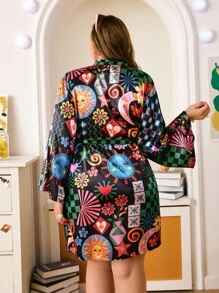 Chillnights Plus Size Fashionable Colorblock Face, Heart, Flower & Geometric Print Satin Robe, Fall & Winter, Cozy Outfits - Black - View 2
