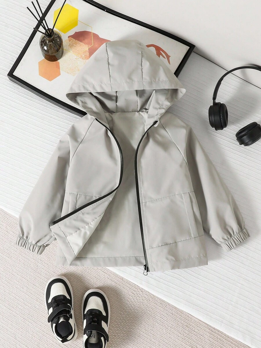 SHEIN Playful Pals Young Boy Casual Minimalist Patchwork Pocket Hooded Windbreaker, Loose Fit Comfortable Jacket For Spring/Autumn Daily Wear, Travel, Party, Photo Shoot Fall Winter