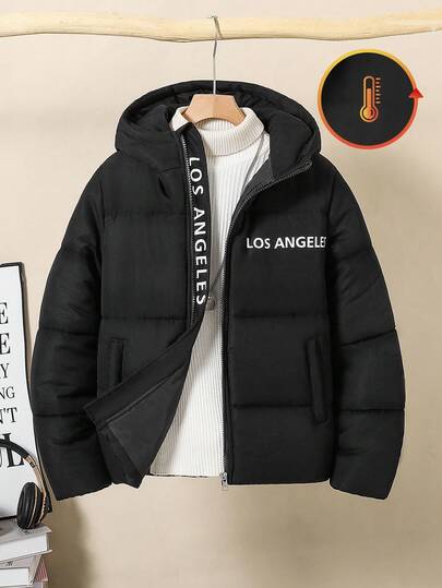 Tween Boy Thick Hooded Zip-Up Jacket With Chest Print, Casual & Fashionable, Suitable For Outdoor & Indoor Wear, Suitable For Winter Fall