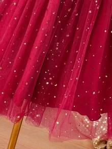 Tween Girls' Square Neck Long Sleeve Mesh Patchwork Party Dress, Elegant For Christmas, Halloween - Red - View 4