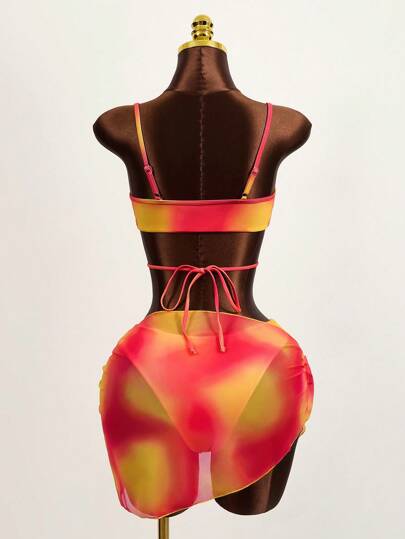 Summer Beach Ombre Bikini Set Criss Cross Cami Top & Hipster Bottom & Cover Up Skirt 2 Piece Bathing Suit