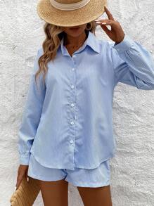 Breezaya Bộ sưu tập mới Thu/Đông 2025: Áo sơ mi và quần short kẻ sọc unisex, mang đến phong cách thành thị, giản dị và thời trang. Kiểu dáng rộng rãi, thoải mái phù hợp cho phong cách layering, tạo cảm giác thư giãn. - Màu xanh lam - Xem 5