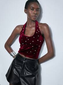 Maija Women's Burgundy Summer 70's Club Night Party Disco Crew Neck Halter Cropped Velvet Tank Top,Hotfix Rhinestones Christmas Business Casual - Burgundy - View 2