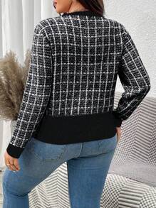 Cárdigan a cuadros casual y de trabajo, talla grande, otoño/invierno - Negro - Ver 2