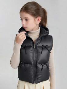 1pc Tween Girl Solid Color Bow Vest, Casual Vest For Autumn/Winter Fall - Black - View 3