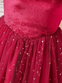 Tween Girls' Square Neck Long Sleeve Mesh Patchwork Party Dress, Elegant For Christmas, Halloween - Red - View 6