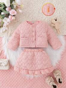SHEIN 2pcs/Set Infant Girl Winter Fashion Cute Sweet Street Clothes, Pink Long Sleeve Padded Coat With Love Embroidery & Matching Pink Skirt With Love Embroidery, Suitable For Daily Wear And Outings