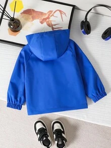 Young Boy Colorblock Hooded Zip-Up Windbreaker Jacket With Pocket, Loose Fit Casual Spring/Fall Outerwear - Blue - View 2