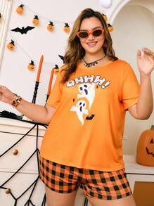 Chillnights Set pigiama taglia comoda con stampa fantasma e plaid, scollo a giro