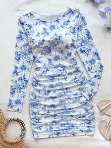 Tween Girls White And Blue Floral Ditsy Round Neck Long Sleeve Ruched Fitted Mesh Dress,Autumn,Elegant,Engagement Party Afternoon Tea Vacation Midi - Blue and White - View 1