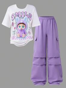 Sparklyn Bộ 2 món đồ họa hoạt hình anime cho bé gái tuổi teen, vải thoải mái, thể thao ngoài trời, đường phố, trang phục hàng ngày, trở lại trường, áo phông và quần ống rộng - Màu tím - Xem 3