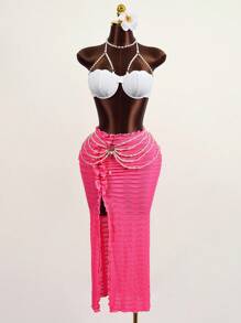 Zestiva Summer Beach Pearl Decor Scallop Trim Push Up Bikini Set - White - View 6