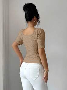 Elenzga 女士时尚优雅方领短袖收腰休闲粉色T恤上衣，夏季 - 杏色 - 查看 2