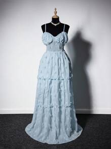 Viva Relle 加大码优雅度假海滩褶皱刺绣荷叶边下摆开衩吊带连衣裙，夏季 - 藍色 - 查看 1