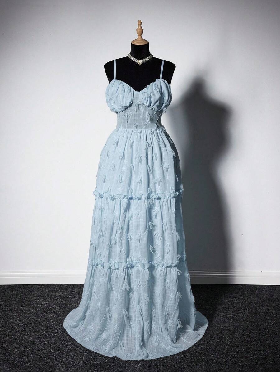 Viva Relle 加大码优雅度假海滩褶皱刺绣荷叶边下摆开衩吊带连衣裙，夏季 - 藍色 - 查看 1