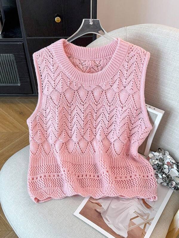 Regalyn Plus Size 2025 New Fashion Casual Countryside - Casual Chic Sleeveless Hollow Out Round Neck Fitted Cropped Knit Top