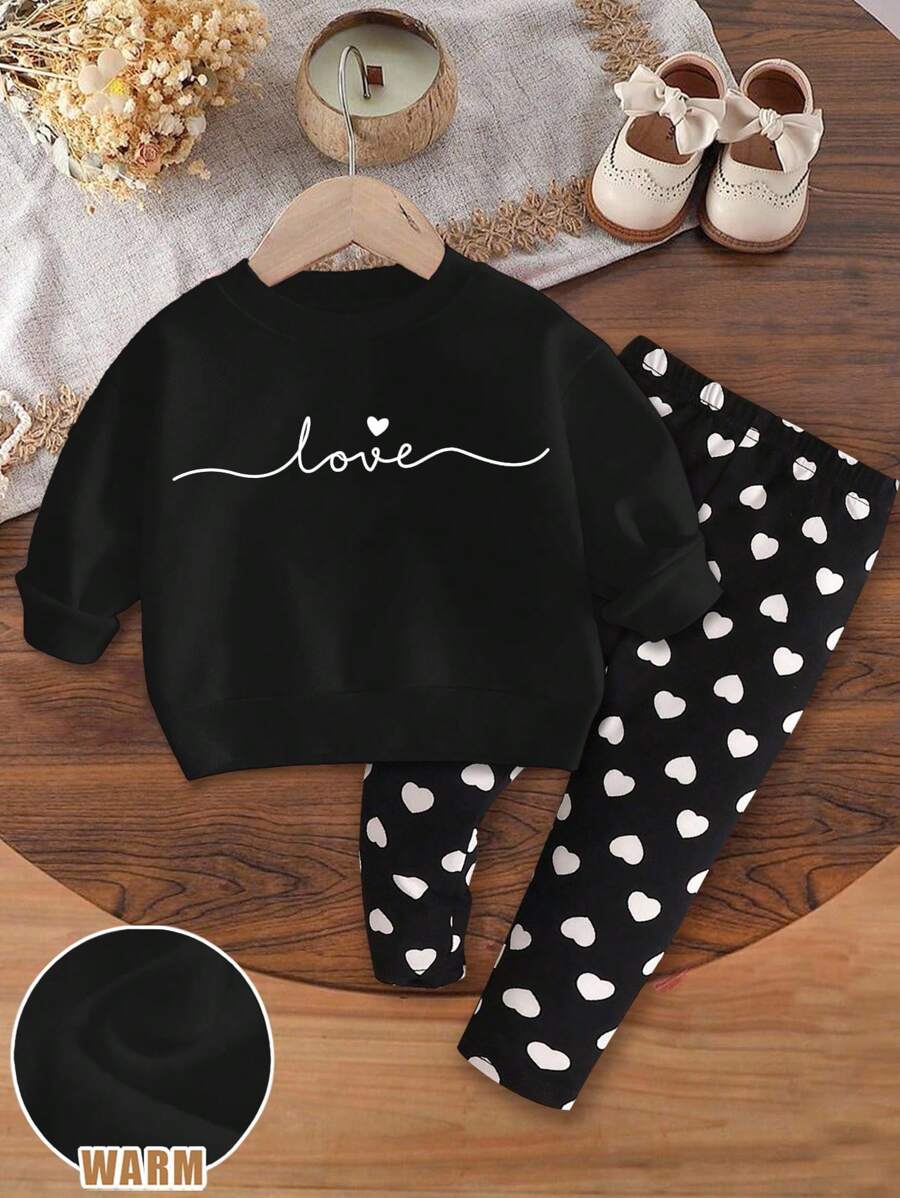 女婴可爱手绘爱心图案柔软厚针织圆领长袖运动衫和紧身裤套装，休闲冬装 - 彩色 - 查看 1