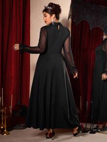 Cravure Vestido de manga larga con diseño de pecho calado, volantes en el bajo y estilo gótico elegante para mujer de talla grande