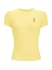 INAWLY 女士修身圆领T恤，饰有刺绣柠檬图案 - 黃色 - 查看 3