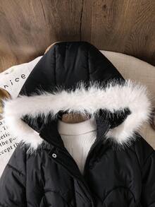 SHEIN 女童纯色连帽休闲羽绒服 冬季外套 女童冬季外套 女童黑色连帽外套 女童毛领冬季外套 女童系带外套 女童系带冬季外套 秋季 - 黑色 - 查看 9