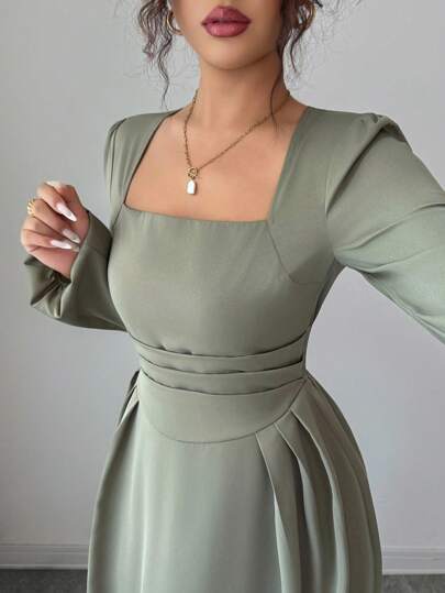 Elenzga Fashionable Urban Women's Woven Fabric Square Collar Lantern Sleeve Cinched Waist Long Minimalist Elegant Military Green Dress, Suitable For Commute, Gathering, Graduation Party, Holiday, Date, Autumn/Winter Fall Cloth For Women