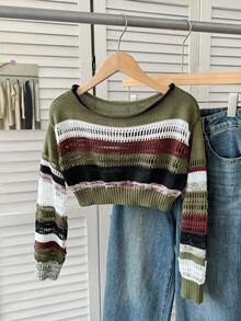 SHEIN Tween Girls Multi Color Striped Pattern Drop Shoulder Pullover Sweater Crop Sweater,Long Sleeve Tops, Suitable For Casual Daily Wear,In Fall/Winter - Army Green - View 2