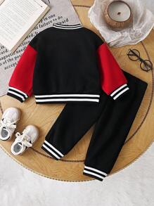 SHEIN 男婴字母印花拉链棒球夹克和字母印花裤（无腰带环），一套舒适的套装，适合秋、春、冬三季穿着。这套衣服不仅适合外出，也适合居家穿着。毛绒面料设计让男婴保持温暖。这套衣服用途广泛，适合男婴日常生活中的各种场合。让男婴在秋、春、冬三季保持时尚舒适。 - 紅色 - 查看 2