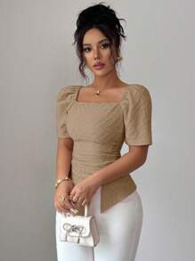 Elenzga 女士时尚优雅方领短袖收腰休闲粉色T恤上衣，夏季 - 杏色 - 查看 5