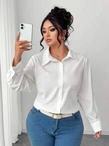 Elenzga 大码女式纯色纽扣衬衫 - 白色 - 查看 4