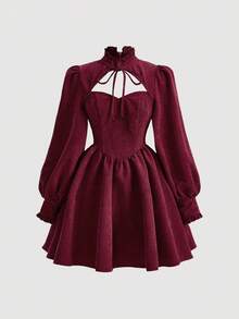 SHEIN Serisse Kids Tween Girl 优雅复古酒红色灯笼长袖灯芯绒连衣裙，带荷叶边领口，适合秋冬、圣诞节和日常穿着 - 酒紅色 - 查看 2