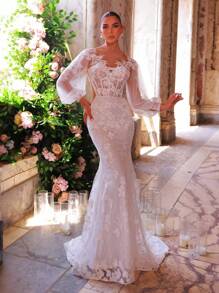 Glamrae Váy maxi đuôi cá tay bồng thêu ren sequin sang trọng, thanh lịch, phù hợp cho đám cưới, tiệc tùng, kỳ nghỉ, vũ hội, không phải đám cưới - Màu be - Xem 1