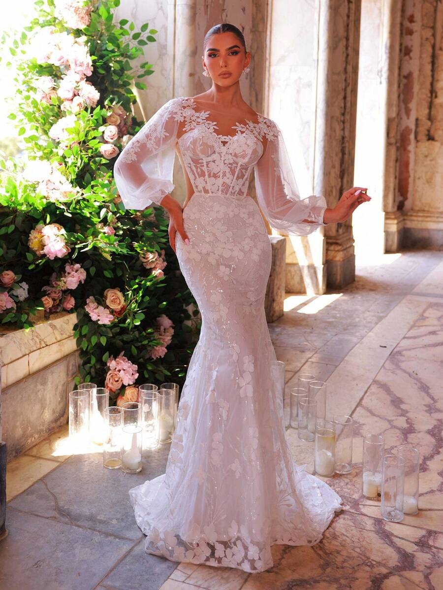 Glamrae Váy maxi đuôi cá tay bồng thêu ren sequin sang trọng, thanh lịch, phù hợp cho đám cưới, tiệc tùng, kỳ nghỉ, vũ hội, không phải đám cưới - Màu be - Xem 1