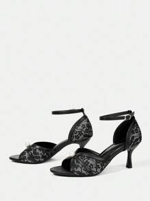 CUCCOO HITCHD Black Round Toe Lace Pearl Elegant Wedding Party High Heel Sandals For Women For Christmas - Black - View 3