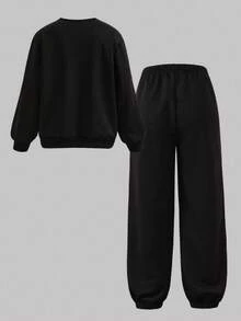 Conjunto de 2 peças de moletom esportivo de malha com estampa de números e blocos de cores para meninas adolescentes e calças cargo com bolso lateral, roupa casual para o dia a dia - Preto - Ver 2