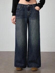 ROMWE J-Fashion 男女皆宜的复古嘻哈亚文化鲤鱼花卉刺绣宽松阔腿低腰牛仔裤