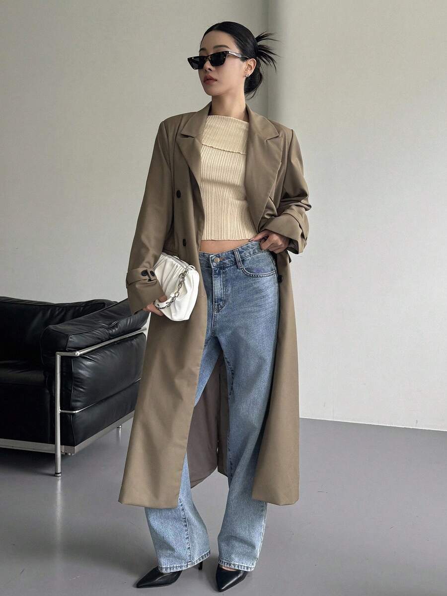 DAZY 女士宽松长款双排扣口袋长袖休闲街头春秋季风衣外套商务装 - 棕色 - 查看 1