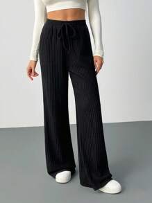 SHEIN Tall Pantalones anchos de pierna ancha con cinturón de unicolor, pantalones cargo casuales y sueltos para mujer - Negro - Ver 9