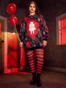 IT x SHEIN 大码恐怖电影图案圆领长袖T恤 - 彩色 - 查看 6