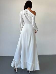 Firerie Vestido de mujer nuevo, elegante y casual para uso diario y urbano, con cuello asimétrico blanco, manga larga, volantes en el bajo y cinturón en la cintura. Vestido con cuello asimétrico, atuendo para el aeropuerto, atuendos de vacaciones, temporada de regreso a la escuela - Blanco - Ver 6