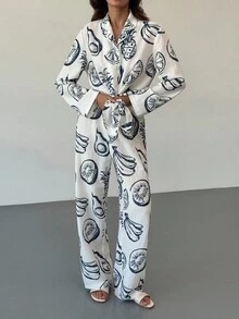 Aloruh Conjunto de camisa y pantalones con estampado de frutas azules, versátil para usar en casa y al aire libre