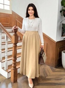 SHEIN LUNE Váy dài trơn màu giản dị cho nữ, mùa thu - Màu Khaki - Xem 5